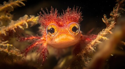 A small orange fish with large eyes in coral
