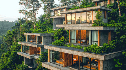 Aerial view of a modern minimalistic hotel complex atop a hill in the jungle. Each building is constructed of wood and concrete with large windows, concrete accents, and surrounded by trees and lush.