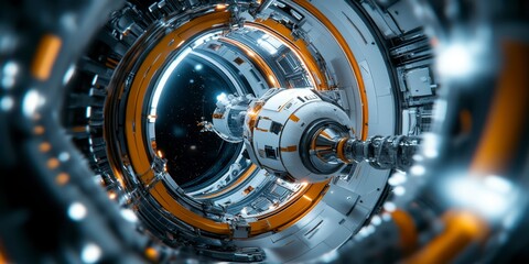 Fototapeta premium Exploration of a futuristic spacecraft interior illuminated by vibrant lights and cosmic surroundings in a distant galaxy. Generative AI