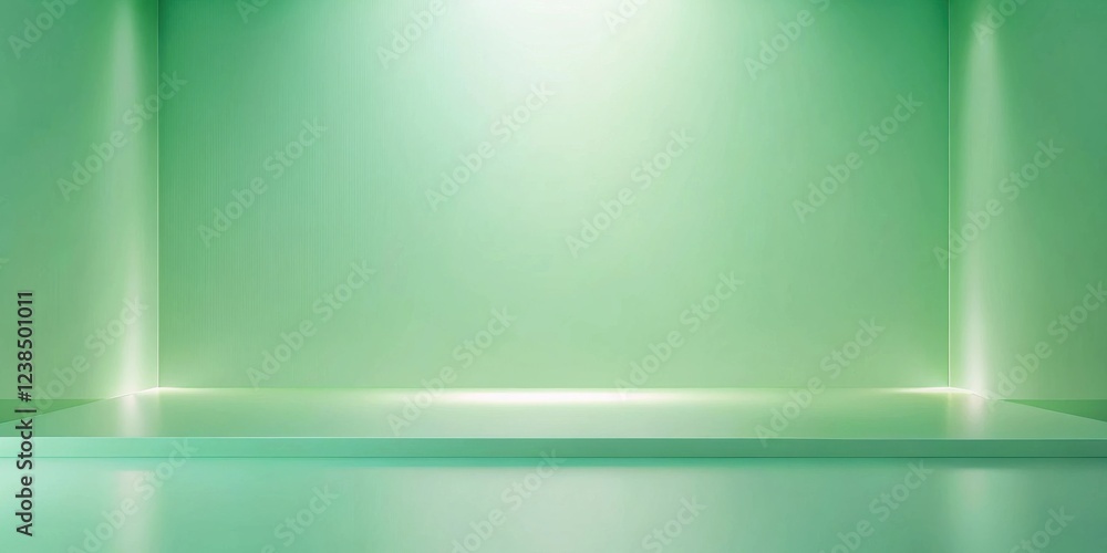 Poster minimalist green room with empty display shelf for product presentation