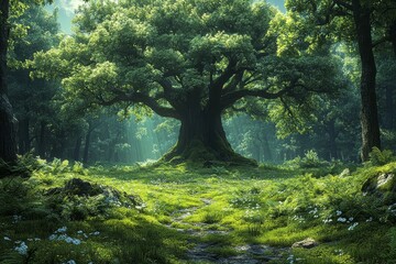 Fototapeta premium Mysterious forest with giant trees, lush green leaves, mossy ground, old tree trunk, and a path leading to the horizon, with a stream flowing through the jungle. Fantasy landscape, high resolution.