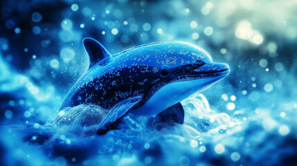 Fototapeta premium Vibrant dolphin leaping through glowing blue waves with bokeh lights for ocean-themed designs, wildlife concepts, and playful aquatic visuals