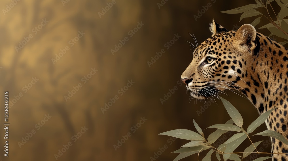 Poster leopard in a tranquil setting with foliage designed for creative projects and artistic backgrounds f