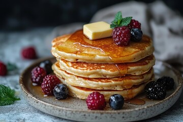 Pancakes with maple syrup, butter, and fresh berries