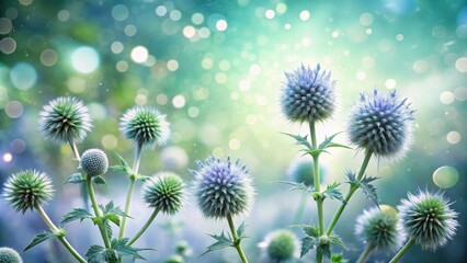 Serene Garden Blooms A Close-up of Delicate, Round Flower Heads on Green Stalks, Illuminated by Soft, Dreamy Lighting