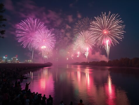 fireworks display over the Mississippi River, purple, green, and gold explosions mirrored in the water, crowded riverbank with costumed spectators