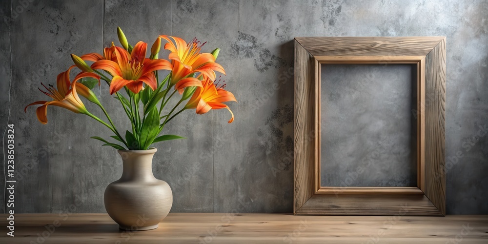 Aufkleber still life of orange lilies in a vase and an empty wooden frame against a textured background