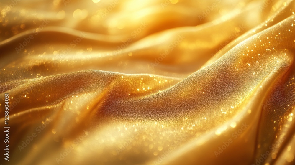 Poster Soft golden fabric flows smoothly across a surface, illuminated by gentle light that highlights its sparkling texture. The rich color and sheen create an inviting atmosphere filled with warmth