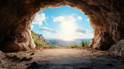 Empty Tomb Entrance Glowing with Ethereal Light and Beautiful Landscape View Beyond in Bright Sky