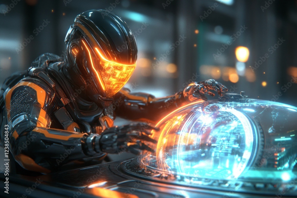 Poster A 3D-rendered depiction of a high-tech assembly line where robotic arms replace traditional components with futuristic substitutes, glowing with soft, dynamic lighting