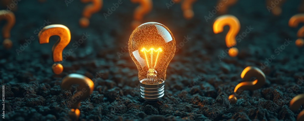 Poster a glowing light bulb surrounded by floating glowing question marks