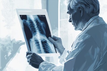 A senior doctor carefully examines a spinal x-ray, searching for anomalies and potential health issues.
