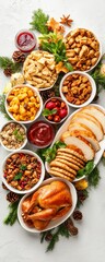 Thanksgiving feast with roast turkey and side dishes home kitchen food photography festive atmosphere aerial view culinary delight
