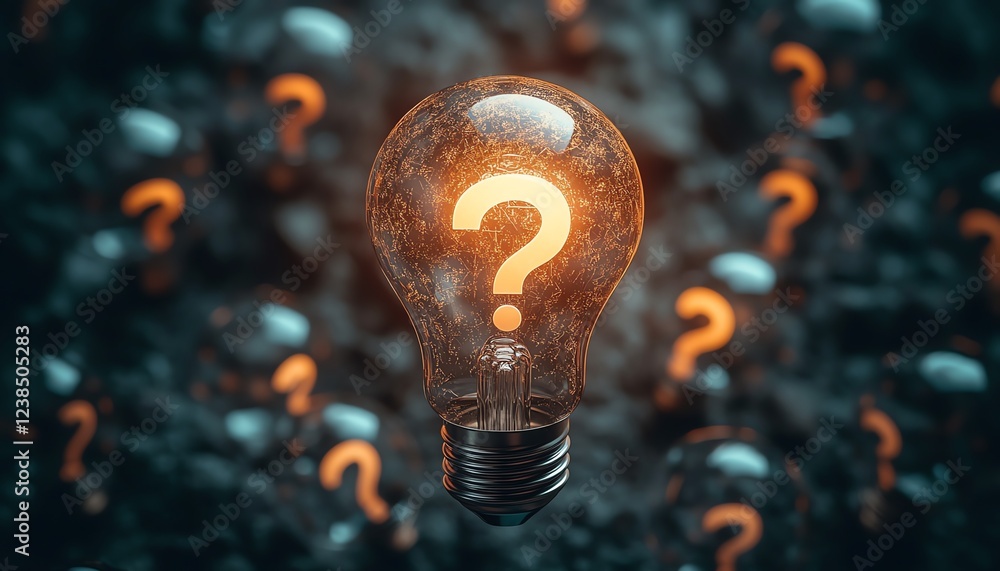 Poster a glowing light bulb with multiple floating question marks around it