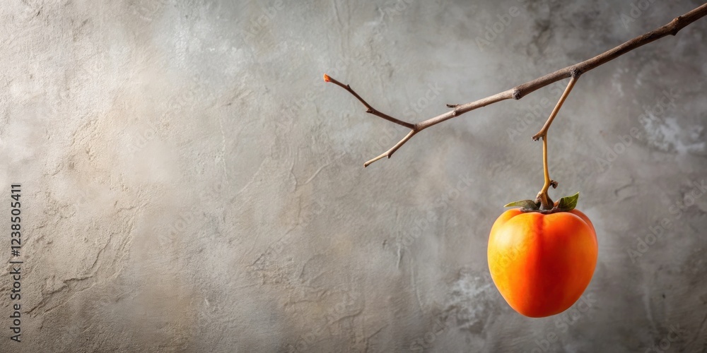 Poster single ripe persimmon hanging from a barren branch against a textured gray backdrop