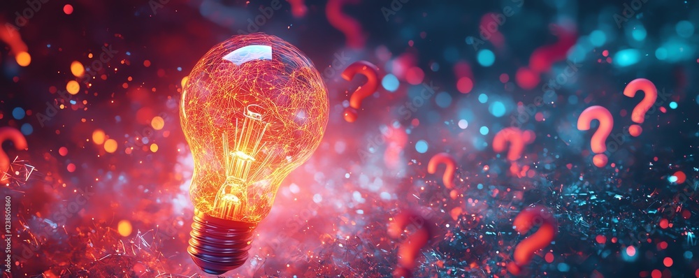 Poster a luminous light bulb surrounded by floating question marks in various sizes