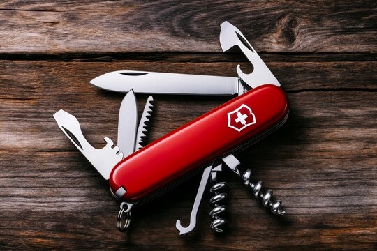 A Swiss Army knife with multiple tools extended, showcasing its versatility on a wooden surface