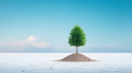 A solitary tree stands atop a small mound against a clear blue sky, symbolizing resilience in a barren landscape.