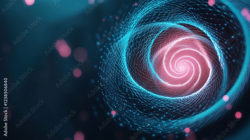Poster swirling digital vortex with glowing blue and pink particles, creating a mesmerizing cosmic effect.