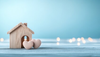 Wooden house model with two red hearts on a blue background, real estate and Valentine's Day concept, web banner with copy space for text