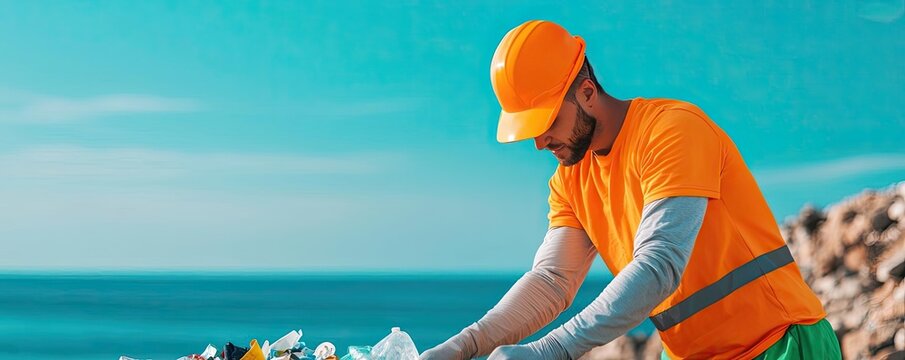 Beach clean-up nature idea. A worker cleans up litter on a beach to promote environmental awareness and sustainability. - Powered by Adobe