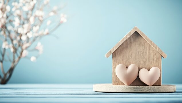 Wooden house model with two red hearts on a blue background, real estate and Valentine's Day concept, web banner with copy space for text - Powered by Adobe
