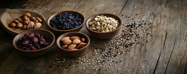 Fototapeta premium Assorted nuts and dried fruits arranged in small bowls on rustic wooden table, showcasing variety of textures and colors, perfect for healthy snacking