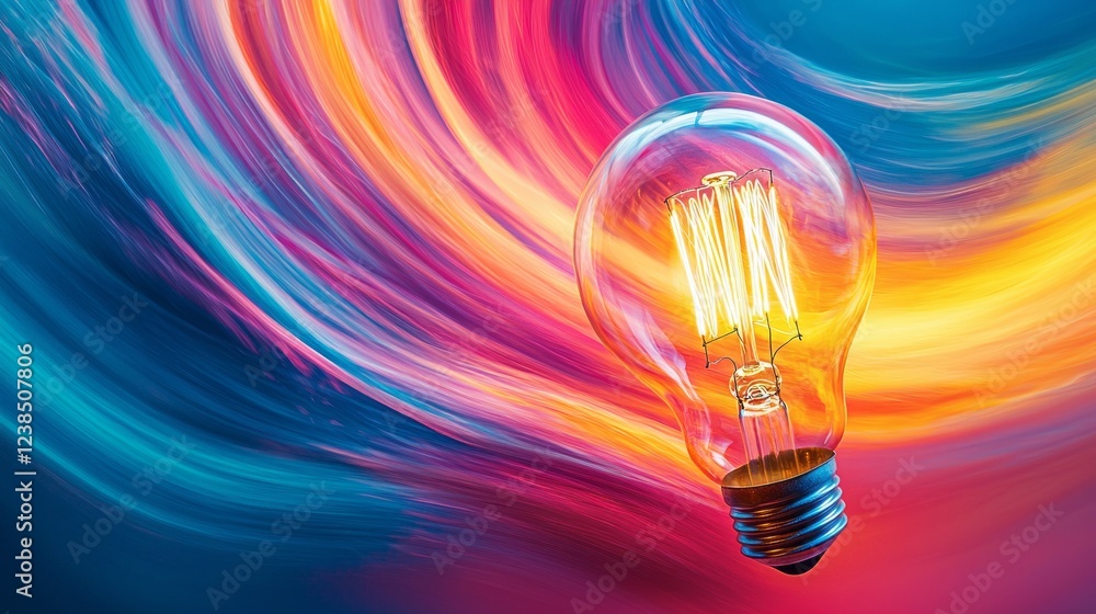 Poster a glowing light bulb radiates warmth amidst a swirl of dynamic colors. the interplay of hues creates