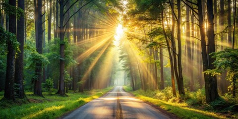 Obraz premium Sunbeams Illuminate a Misty Forest Road at Dawn