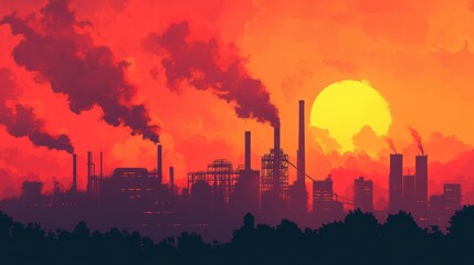 Sunset Over Industrial Complex: A dramatic illustration depicting a fiery sunset casting an ominous glow over a silhouetted industrial complex.