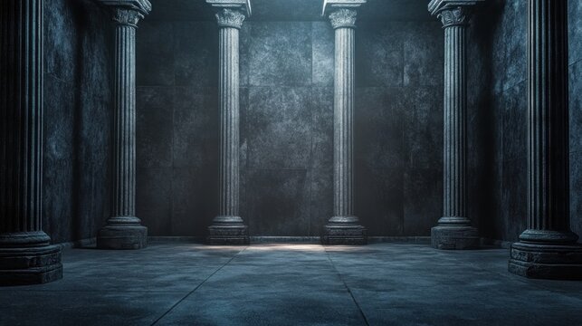 Ancient columns, dark hall, stone floor, mystery background, game design