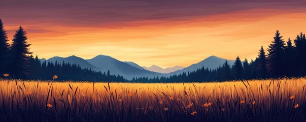 Fototapeta premium Wildflower fields nature concept. A serene sunset over a mountain landscape with golden fields and lush pine forests.