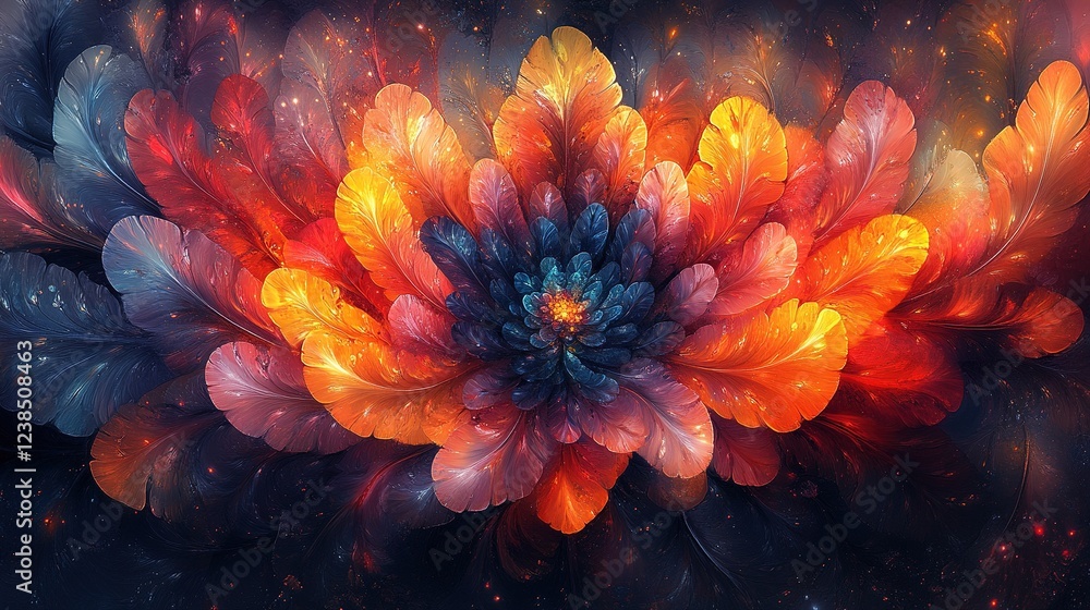 Poster colorful feather-like flower blooms with bokeh background, design element