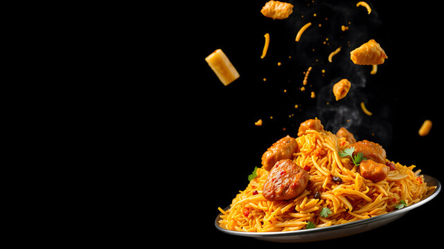 indian chicken biryani, Spicy chicken biryani food photography, flying food, black background. Generative AI