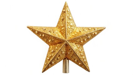 Golden glitter star tree topper, sparkling with festive shine, ideal for decorating Christmas trees and adding a touch of elegance to holiday decor. Isolated on white background