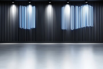 Fototapeta premium Modern Minimalist Interior with Neon Light Accents on Black Textured Wall and Smooth Concrete Floor