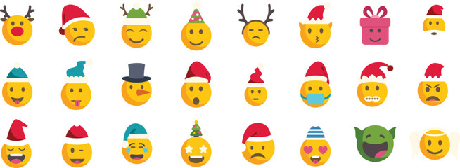 Set of christmas emojis and emoticons expressing various emotions, wearing santa hats, reindeer antlers, party hats and other festive accessories, perfect for holiday greetings and social media