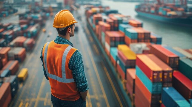 Industrial Foreman Overseeing Loading Operations of Shipping Containers at the Port
