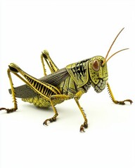 Fototapeta premium Detailed Close-Up of a Colorful Grasshopper with Intricate Textures and Patterns on a White Background