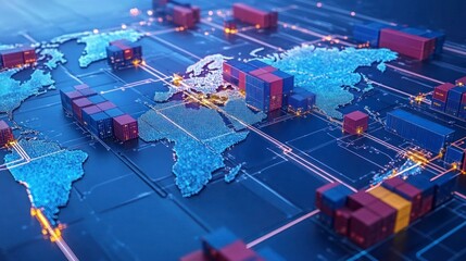Global Logistics Concept Showcasing Interconnected Distribution Networks on a Digital Map with Cargo Containers and Data Flow