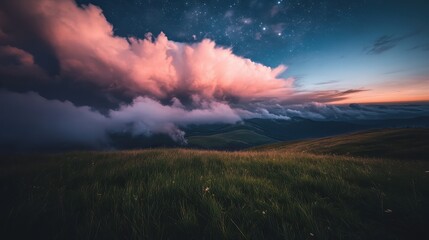 Naklejka premium Pink Clouds Over Mountain Grassland Under Night Sky