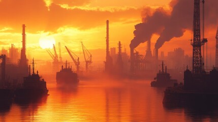 Obraz premium Industrial Port at Dawn with Silhouetted Cranes and Ships Against a Colorful Sunrise Sky