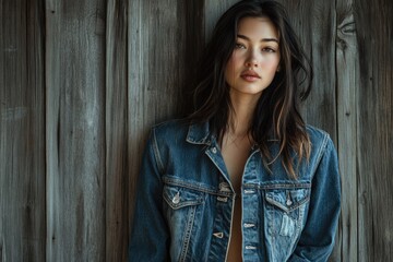 Fototapeta premium A young woman with long dark hair wearing a denim jacket stands against a rustic wooden background.