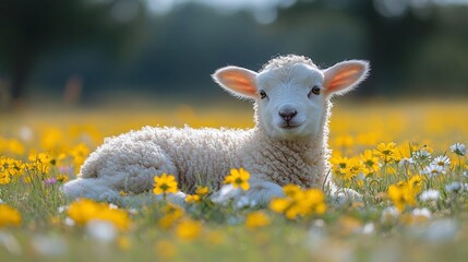 Obraz premium Adorable lamb resting in a sunny spring meadow.