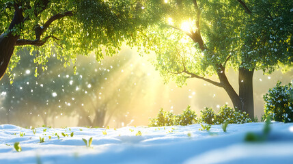 Forest in the beginning of spring with first green leaves on the trees and ground still covered with snow. Concept of spring coming, winter leaving and change.