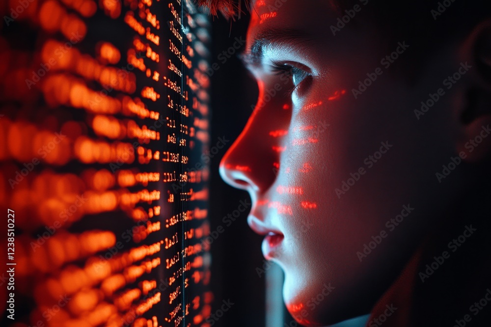 Fototapete A computer programmer writing the final line of code before terminating a program, with lines of text glowing on the screen