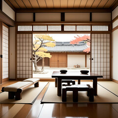 Korean Minimalist Hanok Style: A simple, elegant interior with natural wood, traditional sliding doors, low tables, and clean, uncluttered spaces.