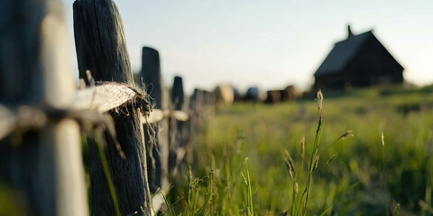 Fototapeta premium Wooden Fence and Rural Building in Grassy Field