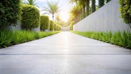 Obraz premium Serene Pathway A Sunlit Walk Through Lush Greenery and Modern Walls