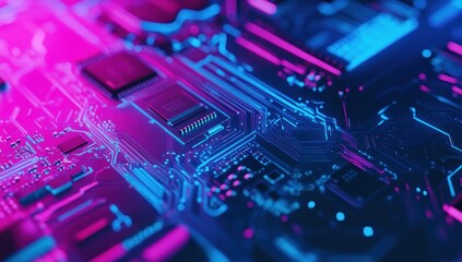 Neon Circuit Board: A Close-Up of  Intricate Electronic Components